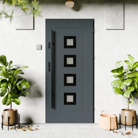 Drzwi zewnętrzne stalowe do domu Quarto Black 72mm z antabą/pochwytem energooszczędne Ud=1.3 reflex brązowy szyba mleczna Program Czyste Powietrze