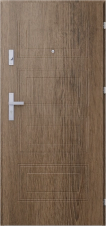 Drzwi wewnątrzklatkowe antywłamaniowe RC3 z Certyfikatem akustyczne wyciszające 47 dB 55 mm stalowe z tłoczeniami z klamką inox srebrną dąb trufla T34