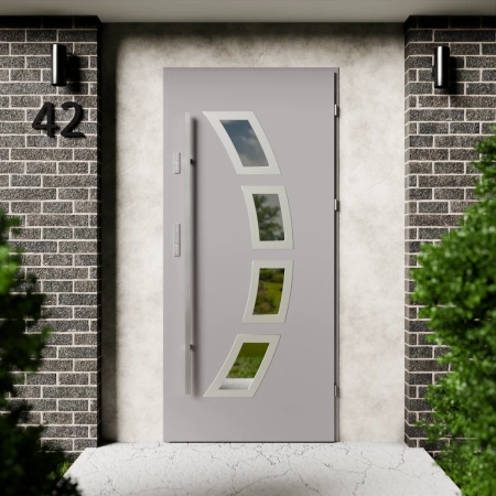 Drzwi zewnętrzne stalowe do domu Cinea Inox 72mm z antabą/pochwytem energooszczędne Ud=1.3 lustro weneckie szyba mleczna Program Czyste Powietrze