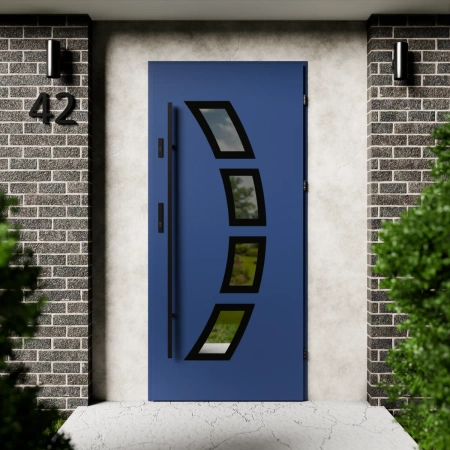 Drzwi zewnętrzne stalowe do domu Cinea Black 72mm z antabą/pochwytem energooszczędne Ud=1.3 lustro weneckie szyba mleczna Program Czyste Powietrze