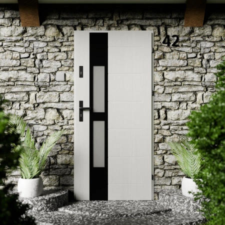 Drzwi zewnętrzne stalowe do domu Anda Black 72mm z klamką czarną energooszczędne Ud=1.3 lustro weneckie szyba mleczna Program Czyste Powietrze