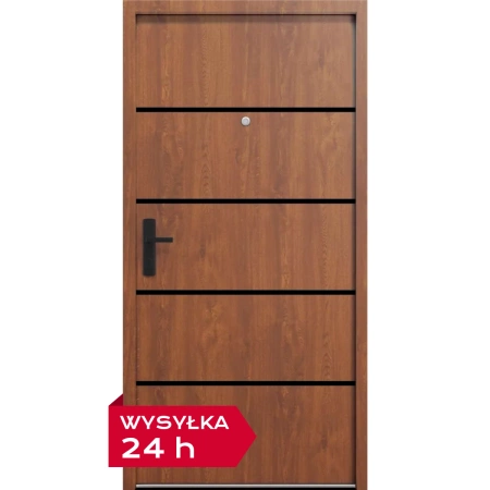 Drzwi wewnątrzklatkowe akustyczne 44 dB atestowane wyciszające stalowe z ościeżnicą antywłamaniowe RC3 68mm dymoszczelne złoty dąb M02