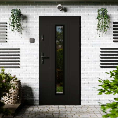 Drzwi zewnętrzne stalowe do domu Presto Black 72mm z klamką czarną energooszczędne Ud-1.3 lustro weneckie szyba mleczna Program Czyste Powietrze