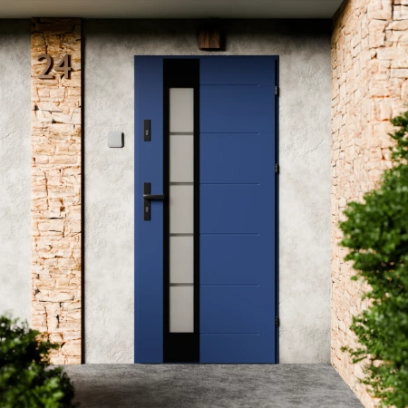 Drzwi zewnętrzne stalowe do domu Sanda Black 72mm z klamką czarną energooszczędne Ud=1.3 lustro weneckie szyba mleczna Program Czyste Powietrze