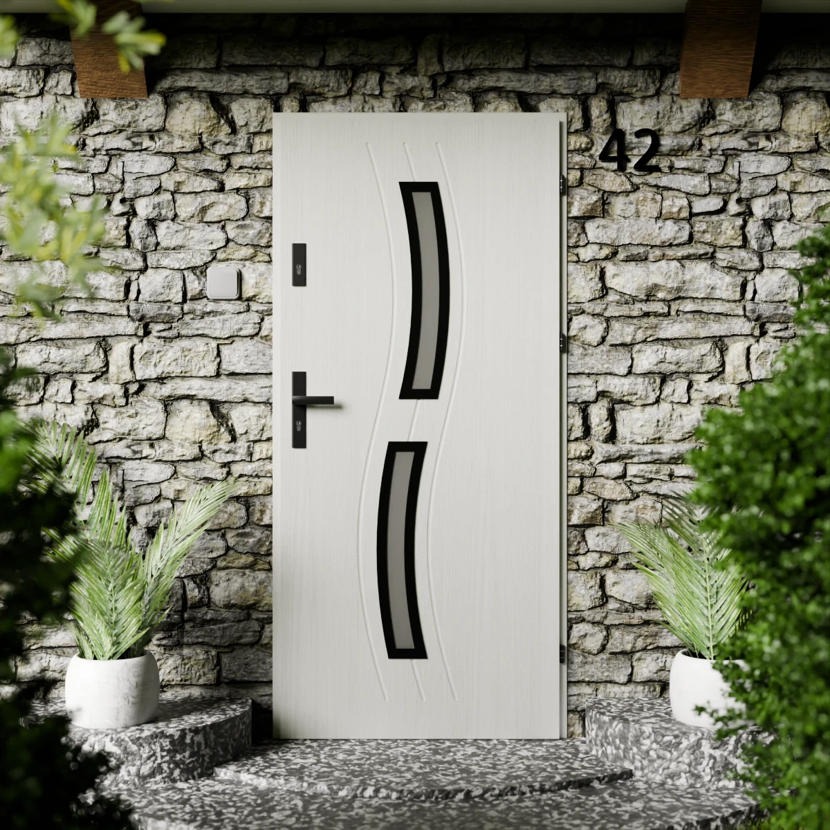 Drzwi zewnętrzne stalowe do domu Twista Black 72mm z klamką czarną energooszczędne Ud=1.3 lustro weneckie szyba mleczna Program Czyste Powietrze