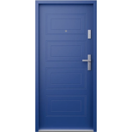 Drzwi wewnątrzklatkowe antywłamaniowe RC3 z Certyfikatem akustyczne wyciszające 47 dB 55 mm stalowe z tłoczeniami z klamką inox srebrną niebieskie T34