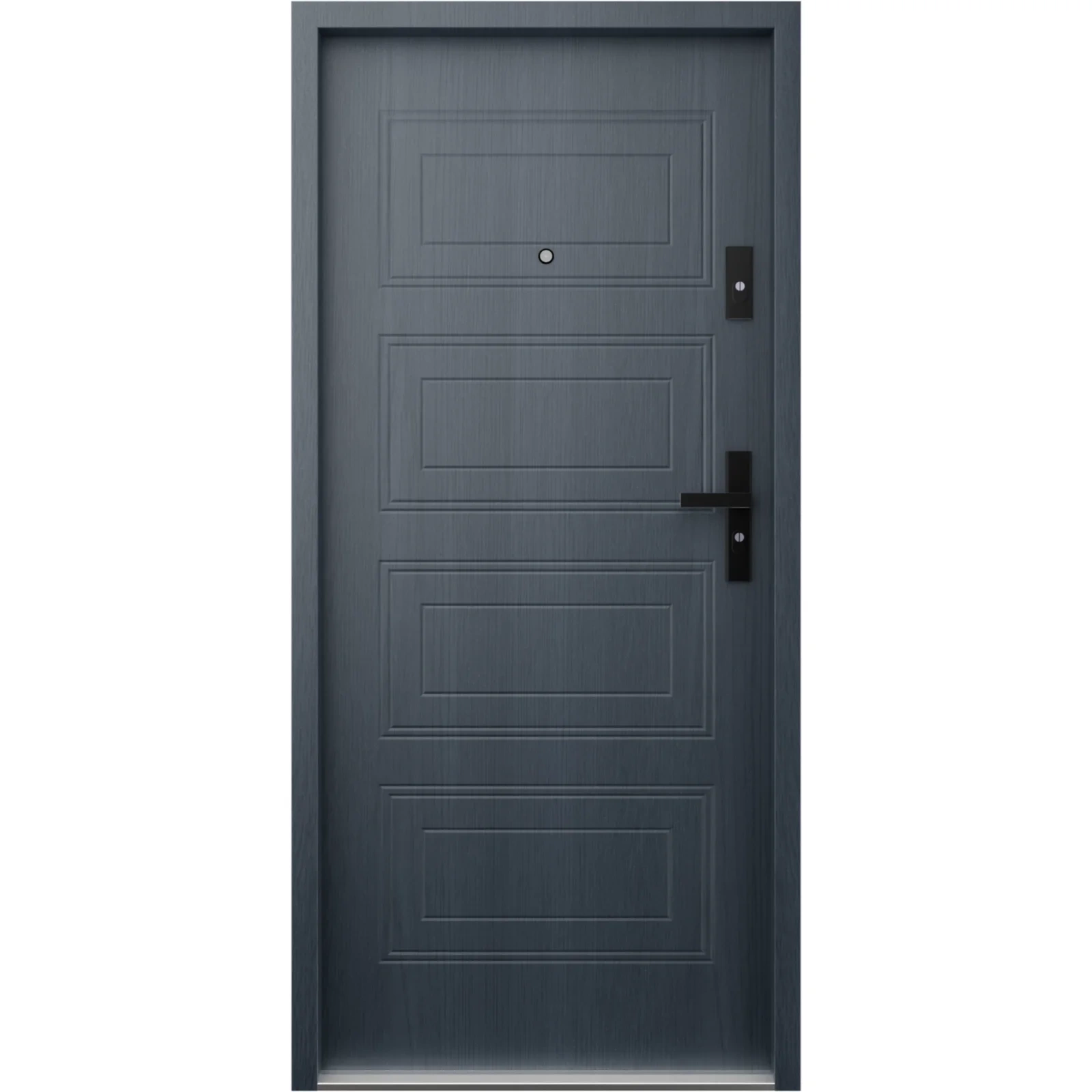 Drzwi wewnątrzklatkowe akustyczne wyciszające 47 dB antywłamaniowe RC3 55 mm stalowe z tłoczeniami z klamką czarną antracyt drewnopodobny T34