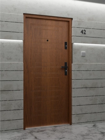 Drzwi wewnątrzklatkowe antywłamaniowe RC3 z Certyfikatem akustyczne wyciszające 47 dB 55 mm stalowe z tłoczeniami z klamką czarną złoty dąb T34