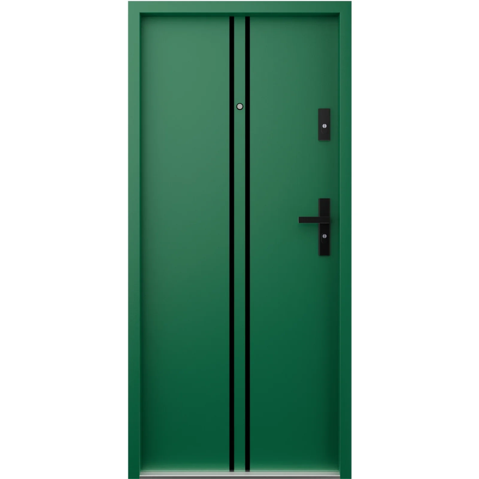 Drzwi wewnątrzklatkowe antywłamaniowe RC3 z Certyfikatem akustyczne wyciszające 47 dB 55 mm stalowe z klamką czarną i aplikacjami zielone A7