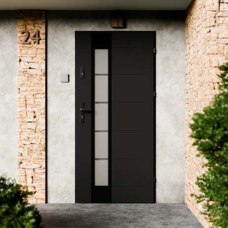 Sanda Black CK drzwi zewnętrzne 72 mm z klamką czarną energooszczędne Ud-1.3 przeszklone lustro weneckie szyba mleczna Program Czyste Powietrze