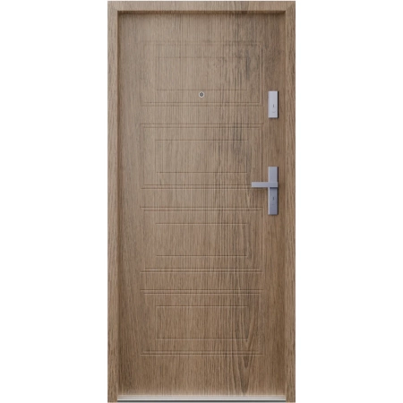 Drzwi wewnątrzklatkowe antywłamaniowe RC3 z Certyfikatem akustyczne wyciszające 47 dB 55 mm stalowe z tłoczeniami z klamką inox srebrną dąb trufla T34