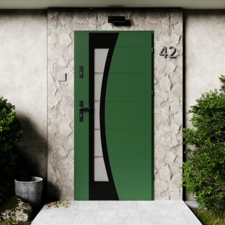 Drzwi zewnętrzne stalowe do domu Optima Black 72mm z klamką czarną energooszczędne Ud=1.3 lustro weneckie szyba mleczna Program Czyste Powietrze