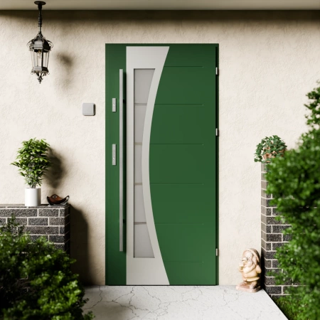 Drzwi zewnętrzne stalowe do domu Optima Inox 72mm z antabą/pochwytem energooszczędne Ud=1.3 lustro weneckie szyba mleczna Program Czyste Powietrze