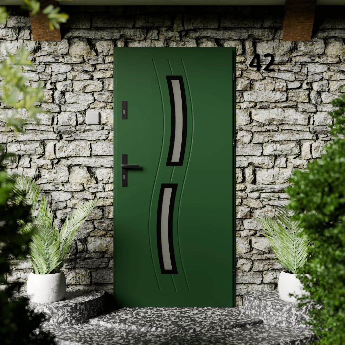 Drzwi zewnętrzne stalowe do domu Twista Black 72mm z klamką czarną energooszczędne Ud=1.3 lustro weneckie szyba mleczna Program Czyste Powietrze