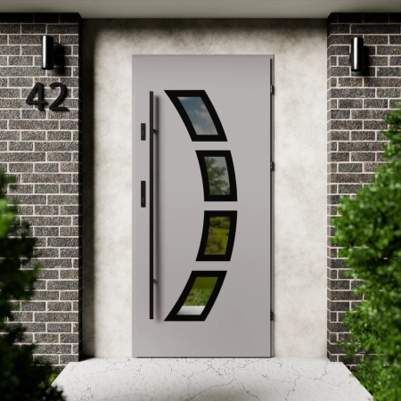 Drzwi zewnętrzne stalowe do domu Cinea Black 72mm z antabą/pochwytem energooszczędne Ud=1.3 lustro weneckie szyba mleczna Program Czyste Powietrze