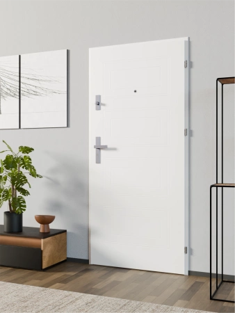 Drzwi wewnątrzklatkowe antywłamaniowe RC3 z Certyfikatem akustyczne wyciszające 47 dB 55 mm stalowe z tłoczeniami z klamką inox srebrną białe T34