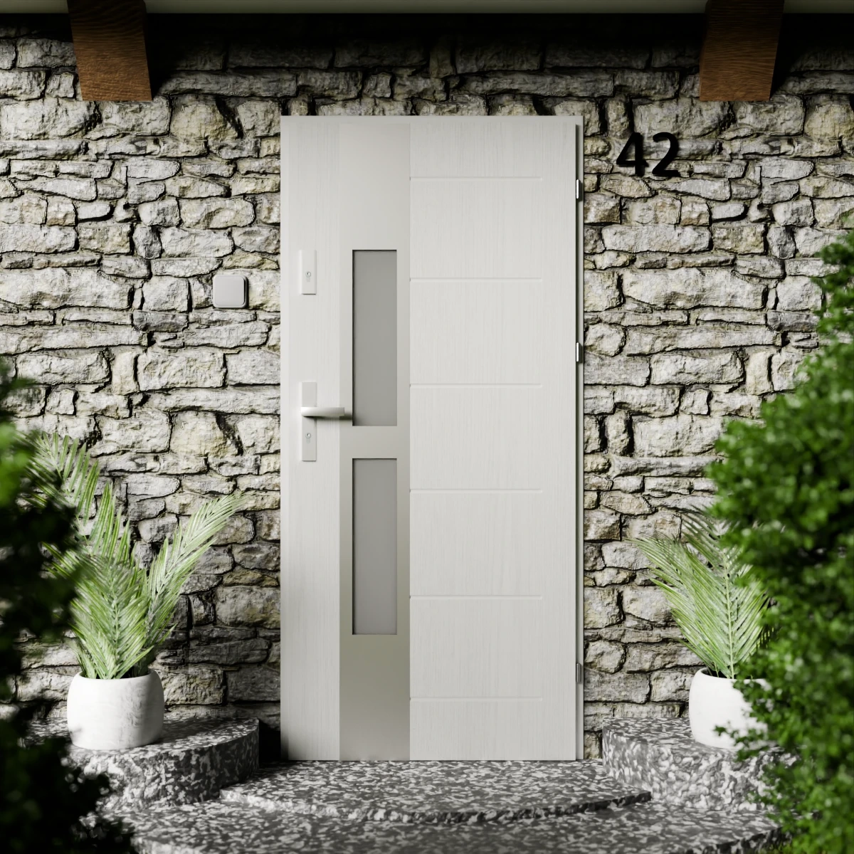 Drzwi zewnętrzne stalowe do domu Anda Inox 72mm z klamką energooszczędne Ud=1.3 lustro weneckie szyba mleczna Program Czyste Powietrze