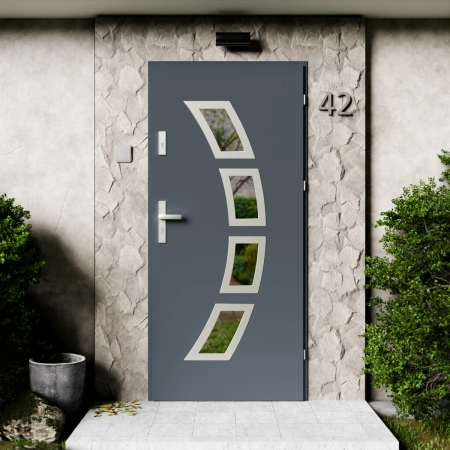 Cinea Inox CK drzwi zewnętrzne 72 mm z klamką energooszczędne Ud-1.3 przeszklone lustro weneckie szyba mleczna Program Czyste Powietrze