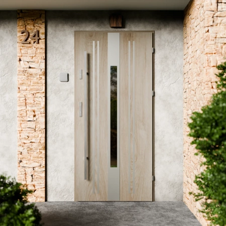 Drzwi zewnętrzne stalowe do domu Elegant Inox 72mm z antabą/pochwytem energooszczędne Ud=1.3 lustro weneckie szyba mleczna Program Czyste Powietrze