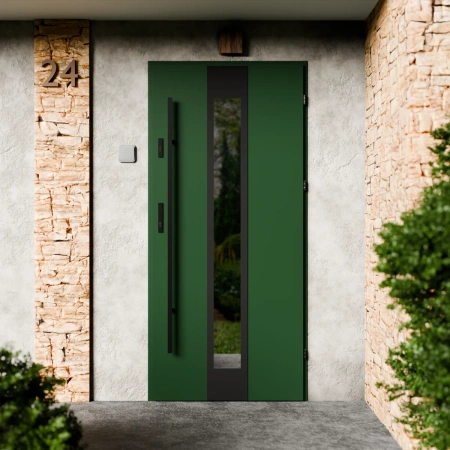 Drzwi zewnętrzne stalowe do domu Modern Black 72mm z antabą/pochwytem energooszczędne Ud=1.3 lustro weneckie szyba mleczna Program Czyste Powietrze