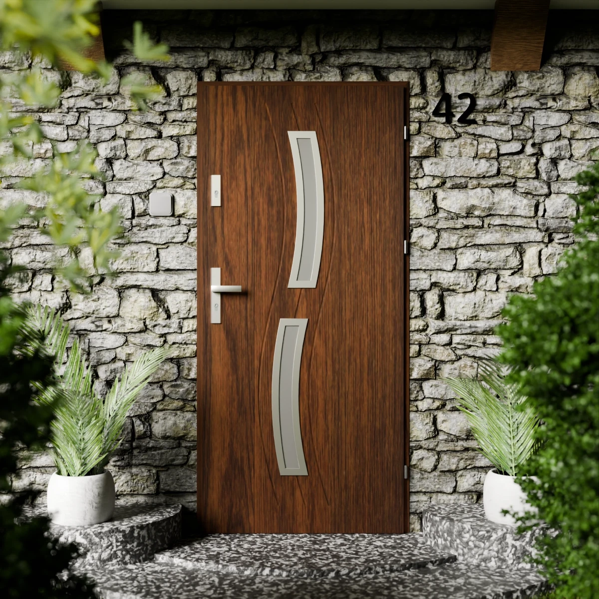 Drzwi zewnętrzne stalowe do domu Twista Inox 72mm z klamką energooszczędne Ud=1.3 lustro weneckie szyba mleczna Program Czyste Powietrze