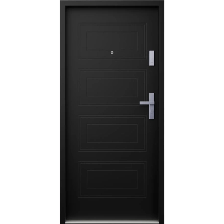 Drzwi klatkowe wejściowe do mieszkania w bloku antywłamaniowe RC3 wygłuszające 47 dB 55 mm stalowe z tłoczeniami z klamką inox srebrną czarne T34
