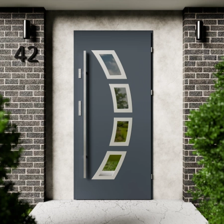 Drzwi zewnętrzne stalowe do domu Cinea Inox 72mm z antabą/pochwytem energooszczędne Ud=1.3 lustro weneckie szyba mleczna Program Czyste Powietrze
