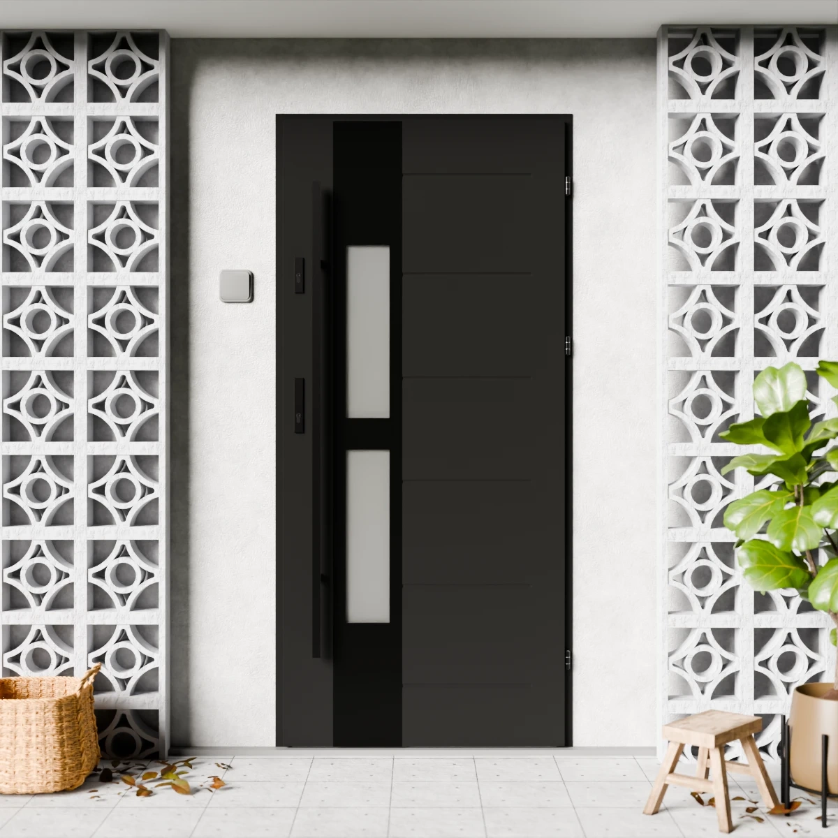 Drzwi zewnętrzne stalowe do domu Anda Black 72mm z antabą/pochwytem energooszczędne Ud=1.3 lustro weneckie szyba mleczna Program Czyste Powietrze