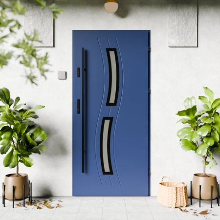 Drzwi zewnętrzne stalowe do domu Twista Black 72mm z antabą/pochwytem energooszczędne Ud=1.3 lustro weneckie szyba mleczna Program Czyste Powietrze