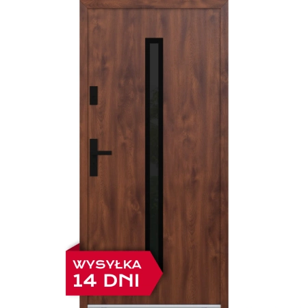 Drzwi zewnętrzne do domu stalowo aluminiowe 68 mm z szybą i klamką czarną ATU68 orzech Program Czyste Powietrze M521