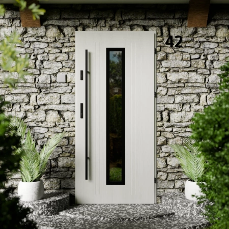 Drzwi zewnętrzne stalowe do domu Presto Black 72mm z antabą/pochwytem energooszczędne Ud=1.3 lustro weneckie szyba mleczna Program Czyste Powietrze
