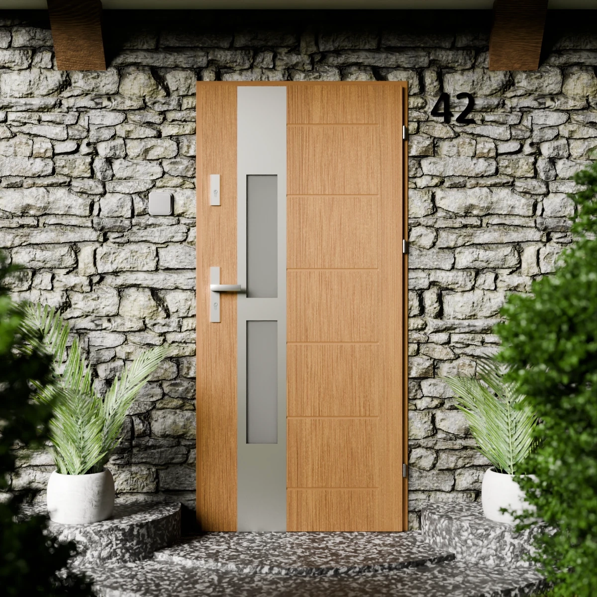 Drzwi zewnętrzne stalowe do domu Anda Inox 72mm z klamką energooszczędne Ud=1.3 lustro weneckie szyba mleczna Program Czyste Powietrze