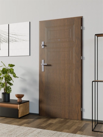 Drzwi wewnątrzklatkowe antywłamaniowe RC3 z Certyfikatem akustyczne wyciszające 47 dB 55 mm stalowe z tłoczeniami z klamką inox srebrną orzech T34