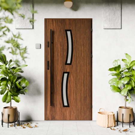 Drzwi zewnętrzne stalowe do domu Twista Black 72mm z antabą/pochwytem energooszczędne Ud=1.3 lustro weneckie szyba mleczna Program Czyste Powietrze