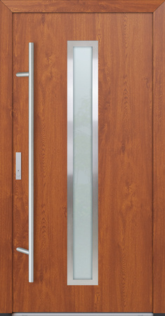 Drzwi zewnętrzne wejściowe do domu stalowo aluminiowe 82 mm DS82 przeszklone z okuciami inox złoty dąb Program Czyste Powietrze M01