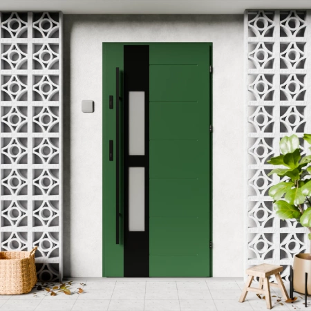 Drzwi zewnętrzne stalowe do domu Anda Black 72mm z antabą/pochwytem energooszczędne Ud=1.3 lustro weneckie szyba mleczna Program Czyste Powietrze