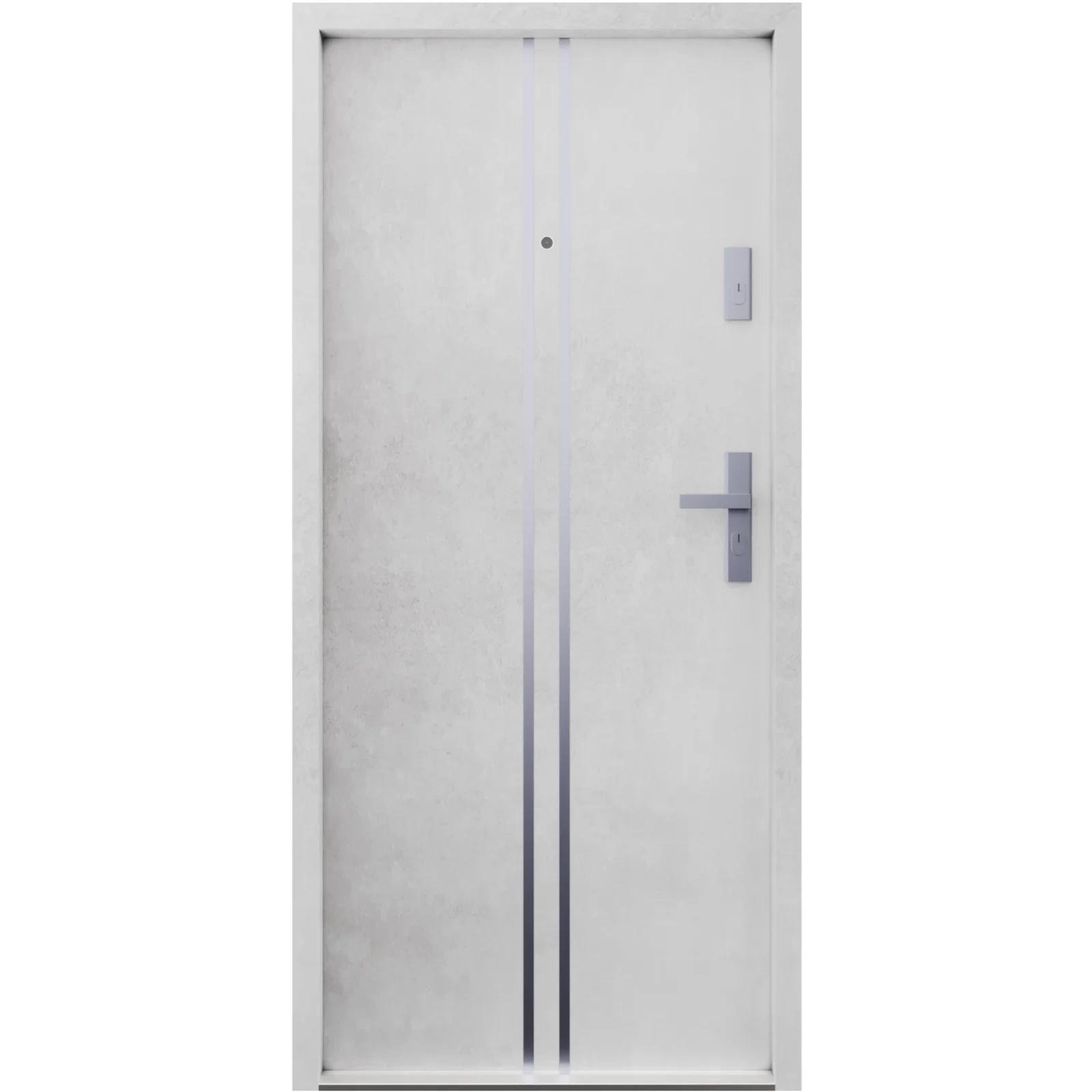 Drzwi wewnątrzklatkowe antywłamaniowe RC3 z Certyfikatem akustyczne wyciszające 47 dB 55 mm stalowe z klamką inox srebrną i aplikacjami beton A7