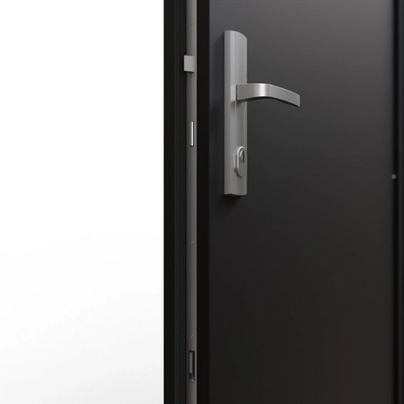 Drzwi wewnątrzklatkowe antywłamaniowe atestowane RC3 68 mm stalowe akustyczne 44 dB dymoszczelne antracyt czarna klamka złoty dąb M02