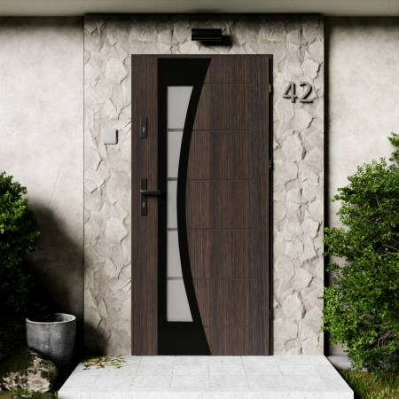 Drzwi zewnętrzne stalowe do domu Optima Black 72mm z klamką czarną energooszczędne Ud=1.3 lustro weneckie szyba mleczna Program Czyste Powietrze