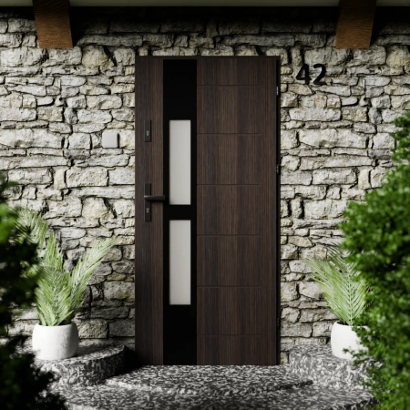 Drzwi zewnętrzne stalowe do domu Anda Black 72mm z klamką czarną energooszczędne Ud=1.3 lustro weneckie szyba mleczna Program Czyste Powietrze