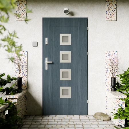 Quarto Inox CK drzwi zewnętrzne 72 mm z klamką energooszczędne Ud-1.3 przeszklone reflex brązowy i szary szyba mleczna Program Czyste Powietrze