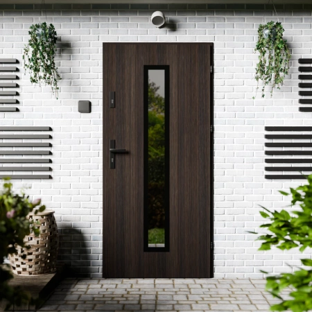 Drzwi zewnętrzne stalowe do domu Presto Black 72mm z klamką czarną energooszczędne Ud-1.3 lustro weneckie szyba mleczna Program Czyste Powietrze