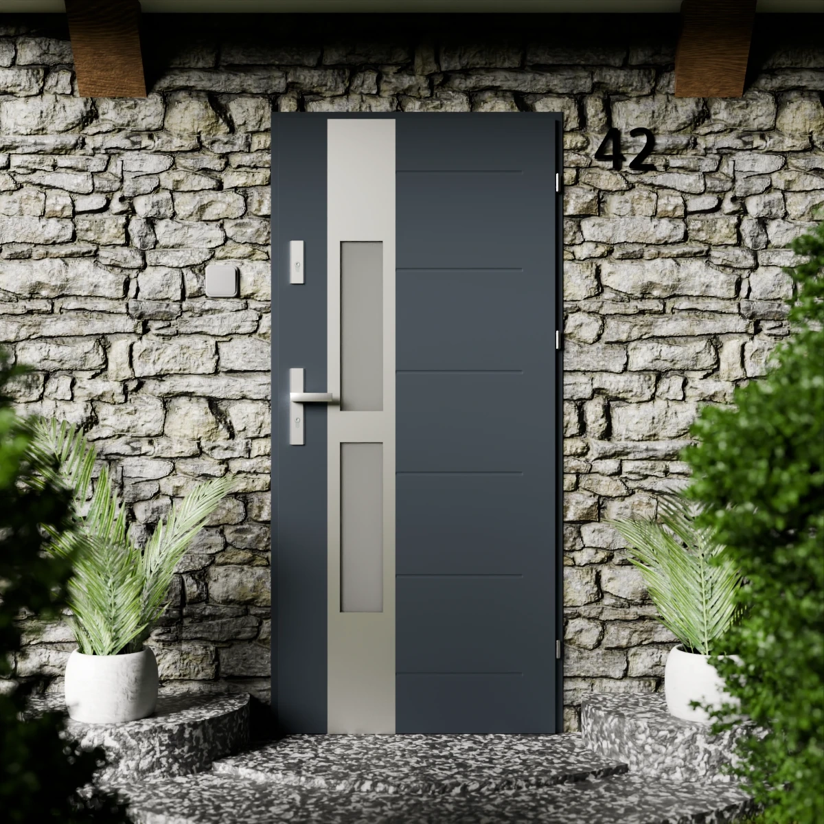 Drzwi zewnętrzne stalowe do domu Anda Inox 72mm z klamką energooszczędne Ud=1.3 lustro weneckie szyba mleczna Program Czyste Powietrze