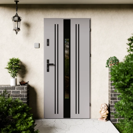 Drzwi zewnętrzne stalowe do domu Elegant Black 72mm z klamką czarną energooszczędne Ud=1.3 lustro weneckie szyba mleczna Program Czyste Powietrze