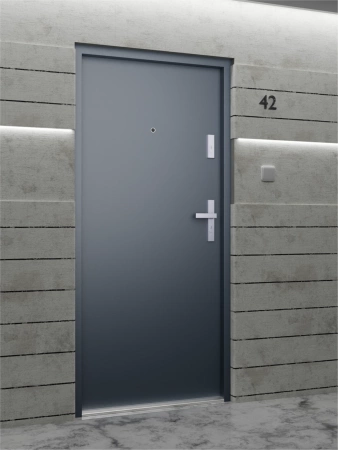 Drzwi wewnątrzklatkowe antywłamaniowe RC3 z Certyfikatem akustyczne wyciszające 47 dB 55 mm stalowe gładkie z klamką inox srebrną antracyt db703 G00