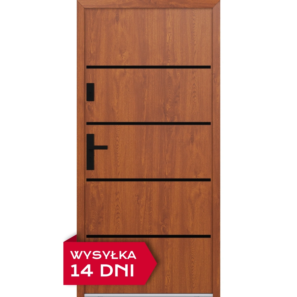 Drzwi zewnętrzne do domu stalowo aluminiowe 68 mm z czarnymi okuciami ATU68 złoty dąb Program Czyste Powietrze M522