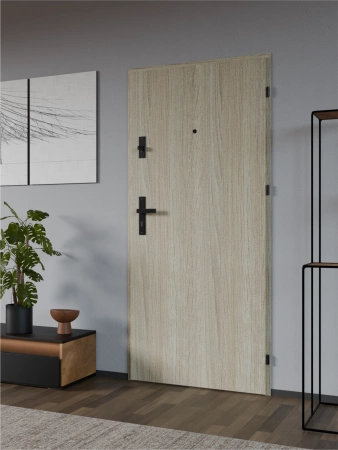 Drzwi wewnątrzklatkowe antywłamaniowe RC3 z Certyfikatem akustyczne wyciszające 47 dB 55 mm stalowe z klamką czarną i aplikacjami dąb sonoma A7