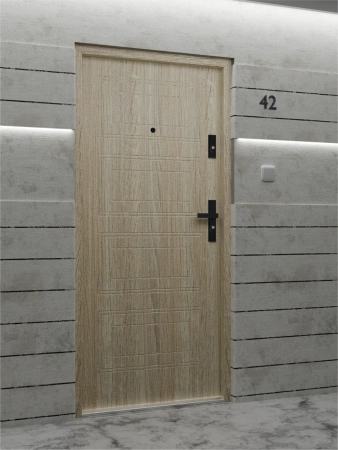 Drzwi wewnątrzklatkowe antywłamaniowe RC3 z Certyfikatem akustyczne wyciszające 47 dB 55 mm stalowe z tłoczeniami z klamką czarną dąb sonoma T34