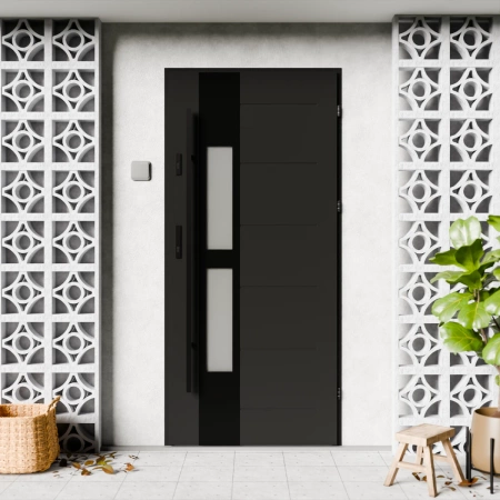 Drzwi zewnętrzne stalowe do domu Anda Black 72mm z antabą/pochwytem energooszczędne Ud=1.3 lustro weneckie szyba mleczna Program Czyste Powietrze