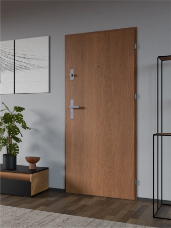 Drzwi wewnątrzklatkowe antywłamaniowe RC3 z Certyfikatem akustyczne wyciszające 47 dB 55 mm stalowe gładkie z klamką inox srebrną złoty dąb G00